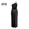 Women Sexy Dress Sloping Collar Sleeveless Open Back Design Long Dress Solid Color Side Slit Design Party Dress