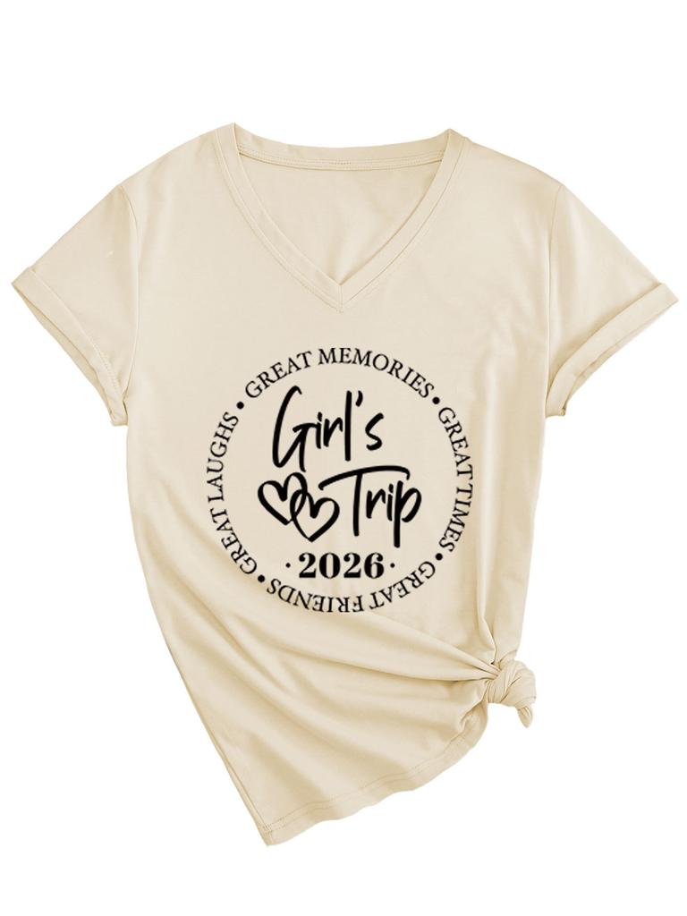 Casual and Comfortable Women's Girl's Trip Temperament V-neck Short-sleeved T-shirt