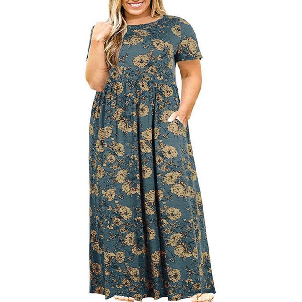 Plus Size Women Casual O-Neck Summer Short Sleeve Print Loose Pocket Long Dress