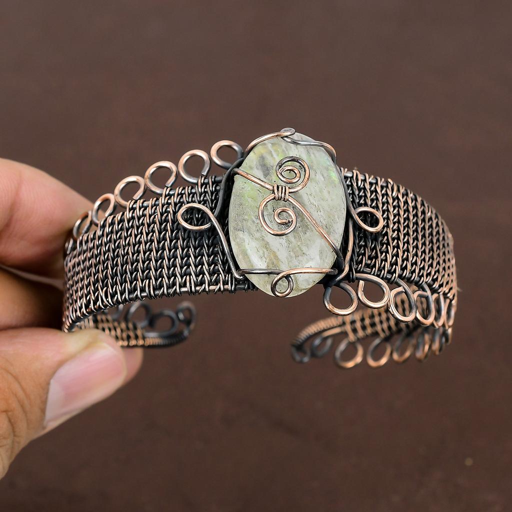 Natural Bumble Bee Jasper Handmade Copper Wire Wrap Bangle Adjustable k7n56