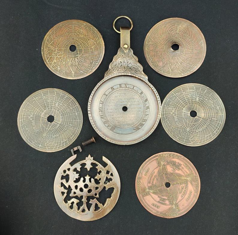 Antique Brass Astrolabe Calendar with Leather Case (8 Inch)