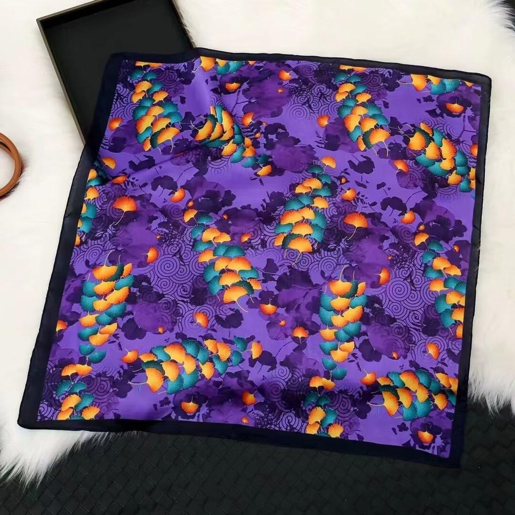 Elegant Purple Flower-Printed Silk Scarf Women Satin Neckerchief Versatile Headwear Bag Clothing And Accessories Square Scarf