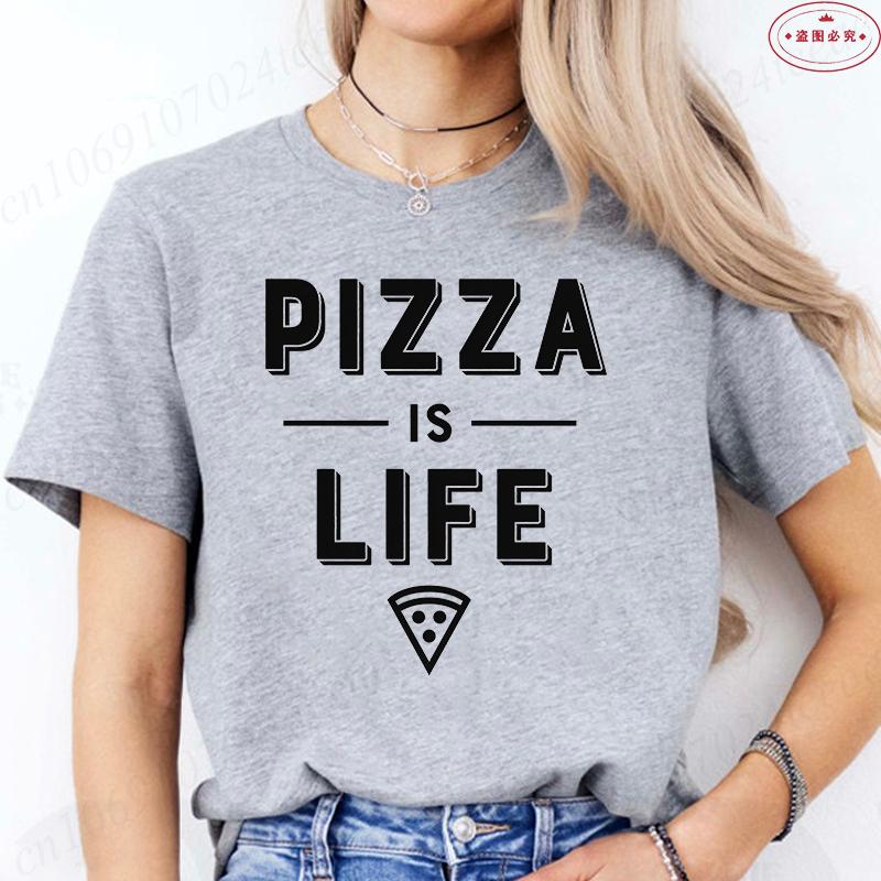 Women's Pizza Lover T-Shirt, 'Pizza Is Life' Retro Block Text Print Tee, Harajuku Short Sleeve O Neck Tops Aesthetic Clothing