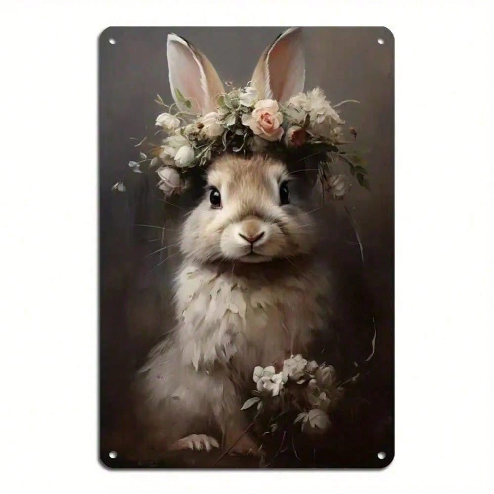 Vintage Easter Bunny Metal Wall Sign, Rabbit Flower Poster for Home Bar Decor