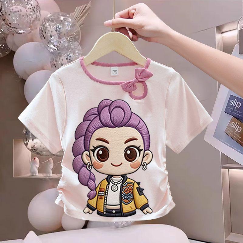 Girls  Demon Hunter Girl Group Embroidered Blouse Summer Children s Round-neck Short-sleeved Pure Cotton T-shirt 100