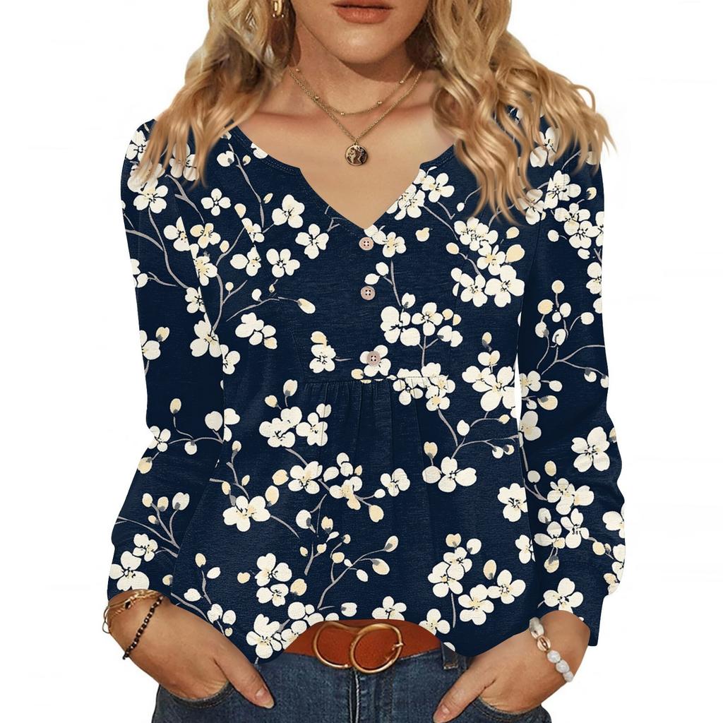 Women's Fashionable Casual V-neck Blouse Button Long-sleeved Pullover T-shirt Top