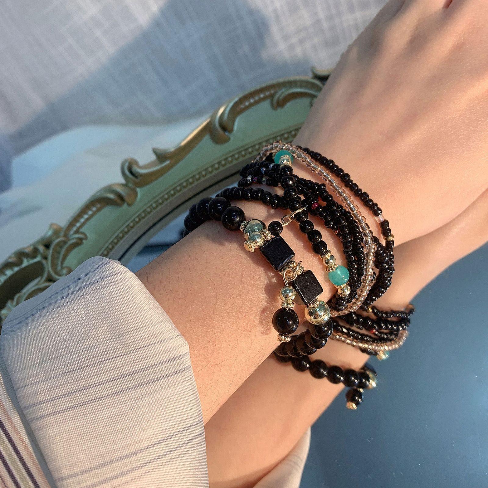 Bohemian  Creative Rice Bead Bead Bracelet 8 Combination Turquoise Elastic Bead Bracelet One Size чёрный