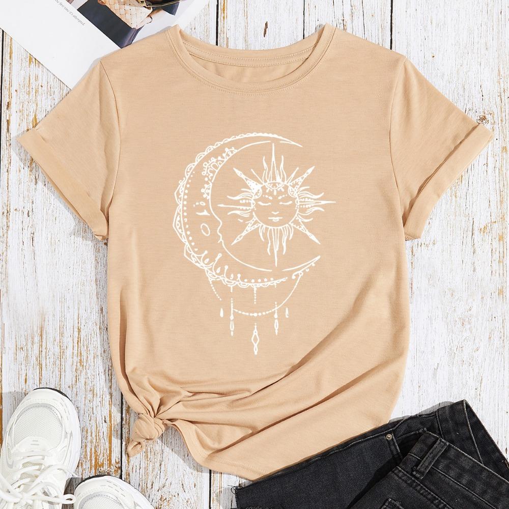 Moon and Sun Casual and Comfortable Pure Cotton Printed Women's Round Neck Short Sleeved T-shirt