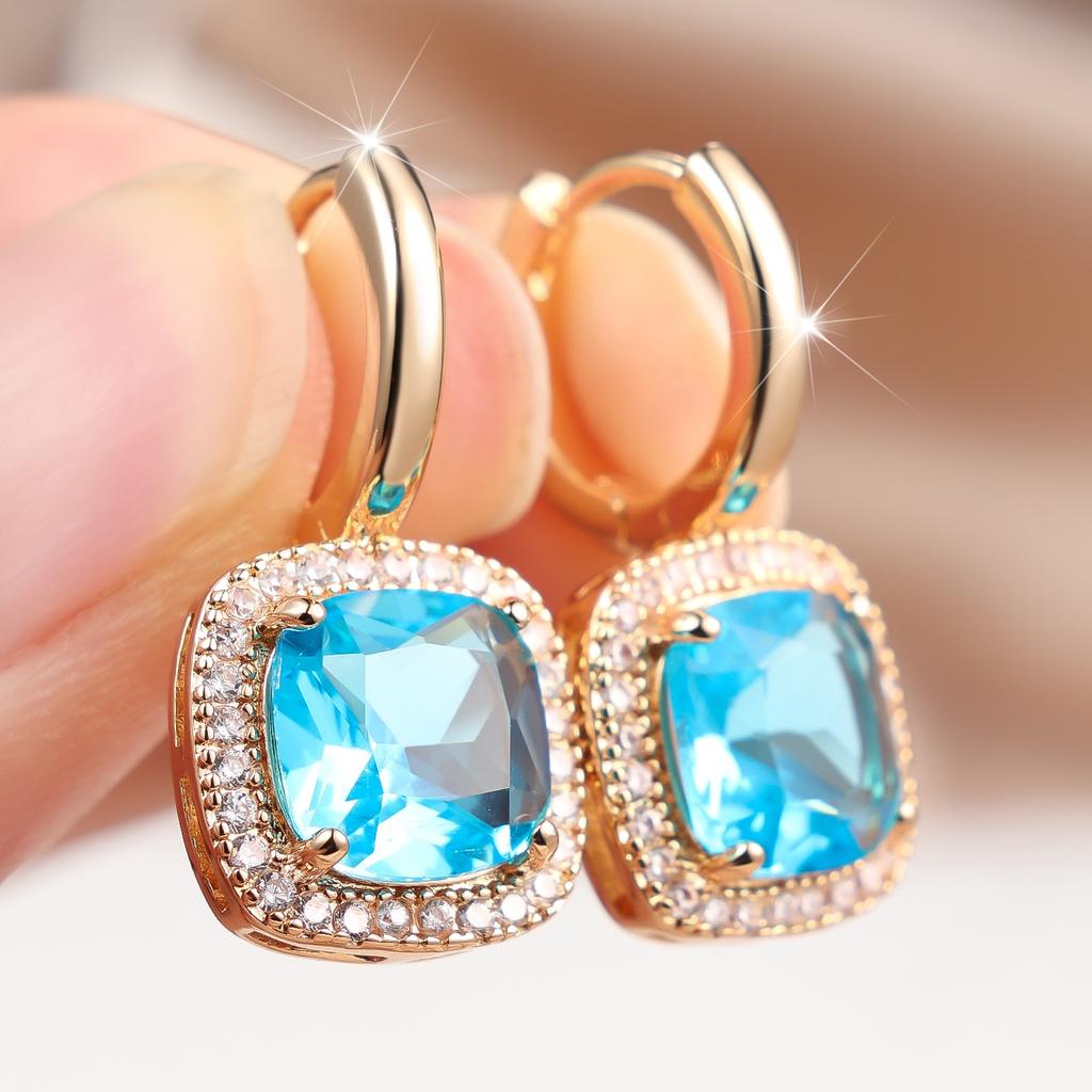 Elegant Female White Blue Stone Square Hoop Earrings Trendy Fashion Gold Color Wedding Jewelry For Women