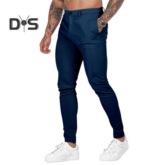 

Мужские брюки, облегающие однотонные брюки до щиколотки, мягкие дышащие брюки на молнии со средней талией, мужские повседневные брюки на работу M темно-синий
