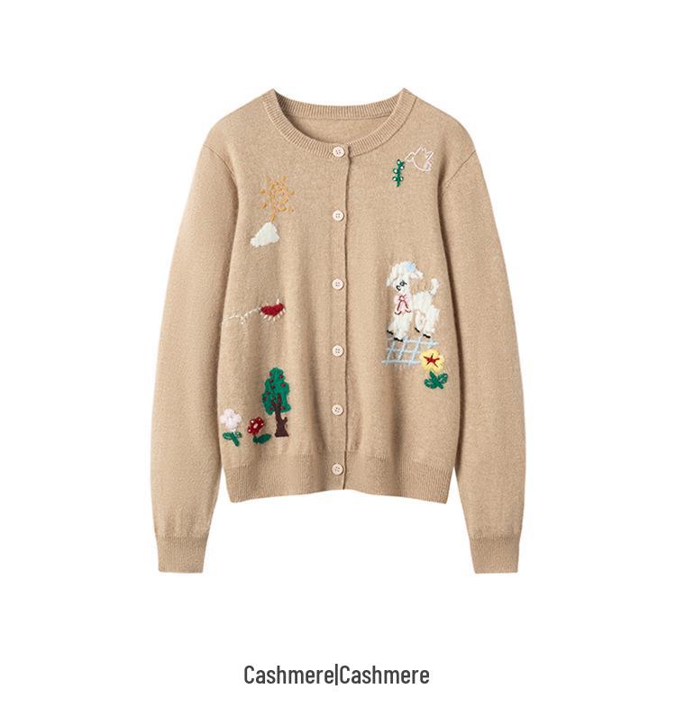 Women's Round Neck Embroidered Cashmere Cardigan - Autumn/Winter 2026: Gentle Style, Loose Fit, Slimming, Warm Outerwear