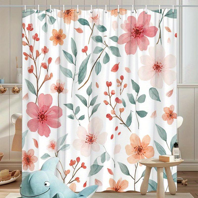 1pcs Romantic Pink Peach and Coral Floral Shower Curtain, Polyester Fabric, Machine Washable, Suitable for Bathroom Decoration