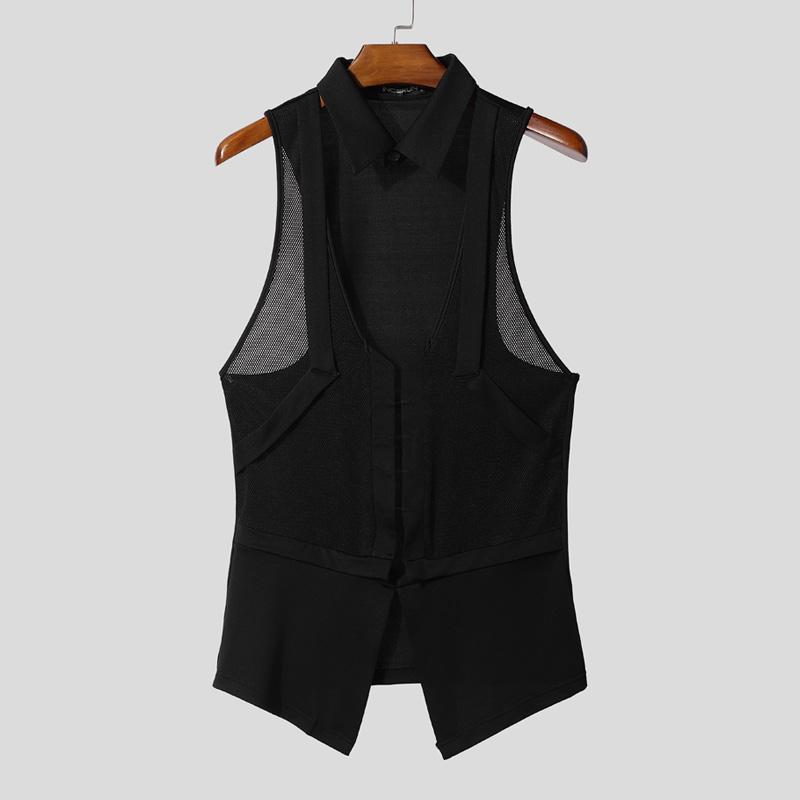 INCERUN Men Lapel Cutout Sleeveless Mesh Patchwork Fitted Shirts Tank Tops