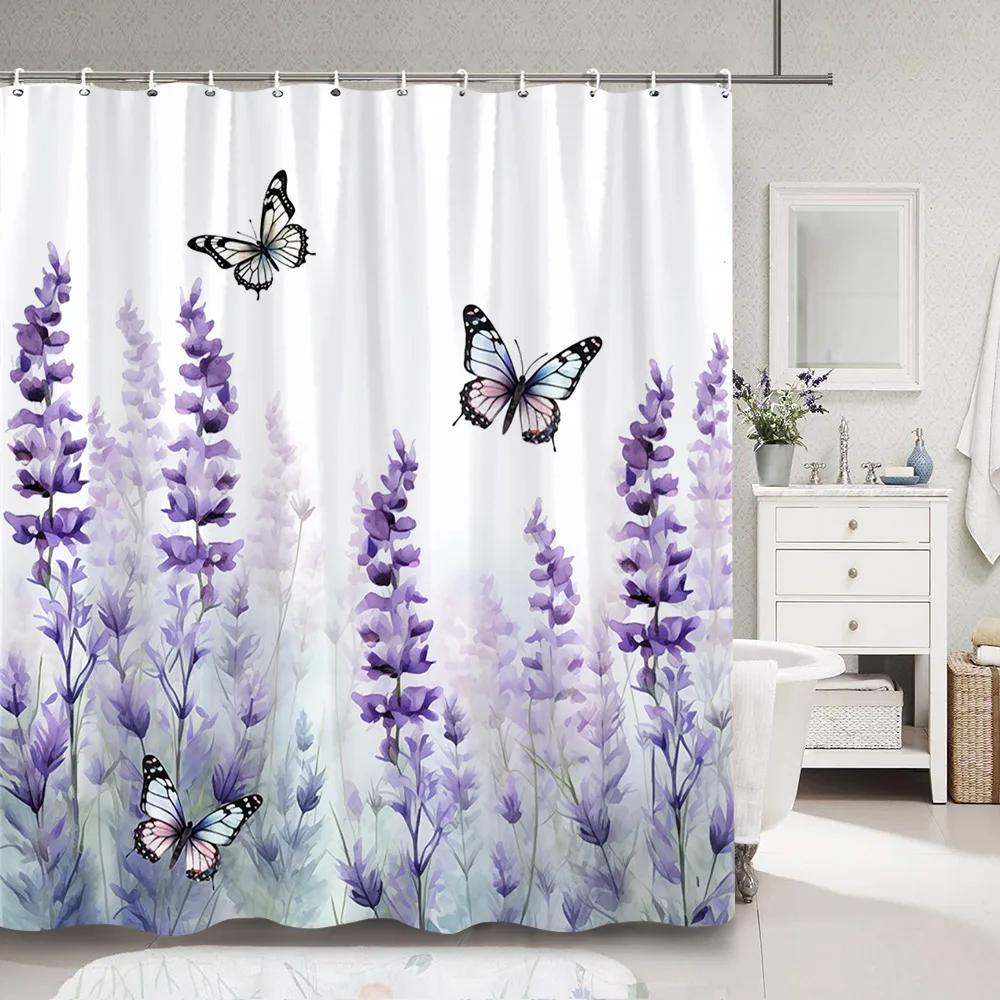 Purple Lavender Shower Curtain Fluttering Butterfly Botanical Flower Watercolour Art Painting Shower Curtain Bathroom Decoration