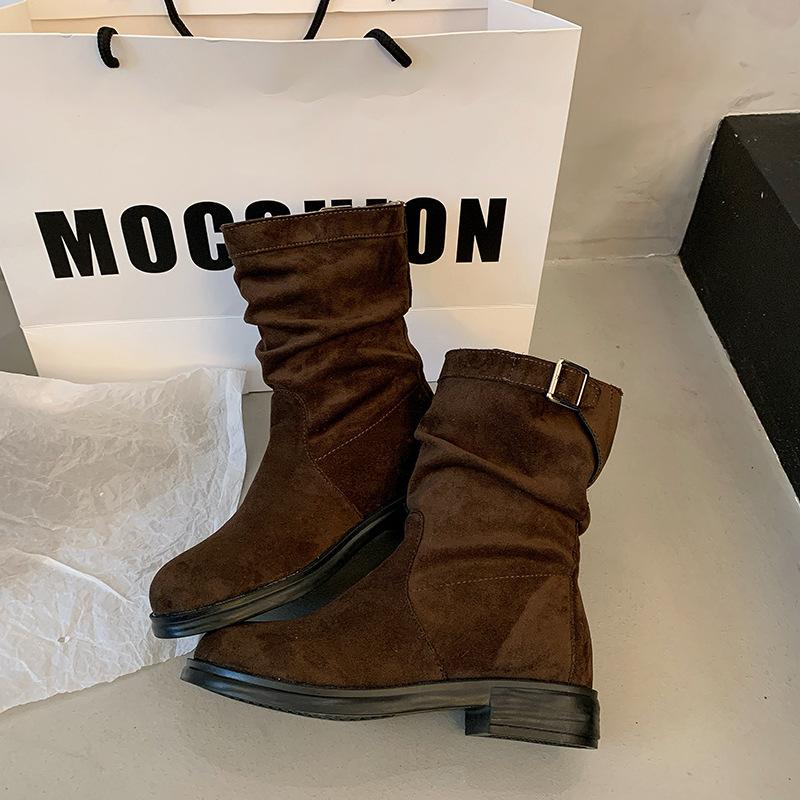 Medium tube short boots women's 2025 autumn and winter new versatile retro knight stacking boots flat-bottomed sleeve suede Martin boots