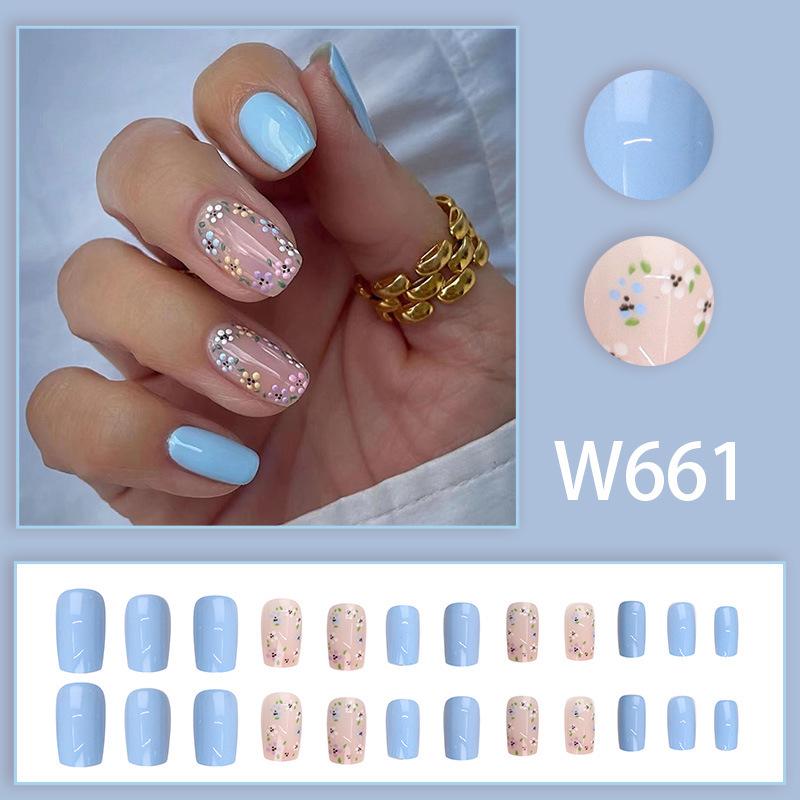 Cute Floral Nail Art Stickers: Nude Pink & Blue Detachable Wearable Nails