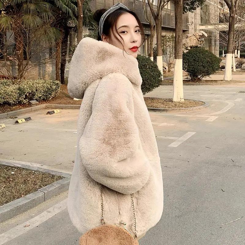 Loose Thick Plush Coat for Women Winter Imitation Fur Rabbits Grass Coat Female Warm Zipper Jacket Hooded Parka Overcoat