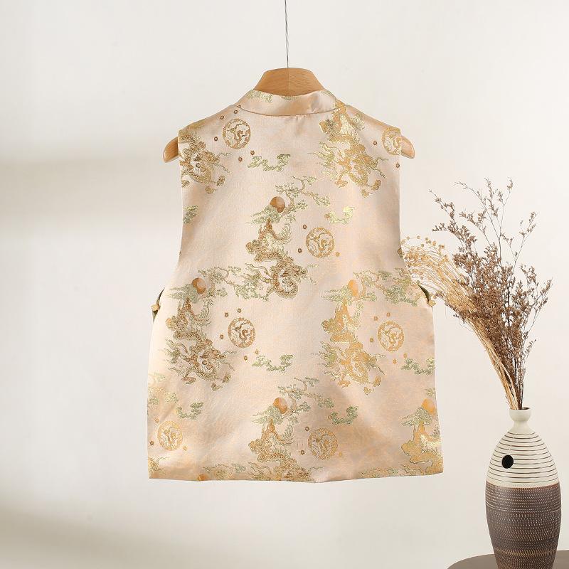 Gold Thread Dragon and Phoenix Jacquard Vest Stand-up Collar Cardigan Retro Elegant Dignified Vest Female
