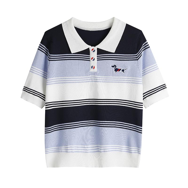 

Летний женский вязаный свитер с вышивкой «Собака», футболка, полосатый поло, пуловер, джемпер, топы One Size