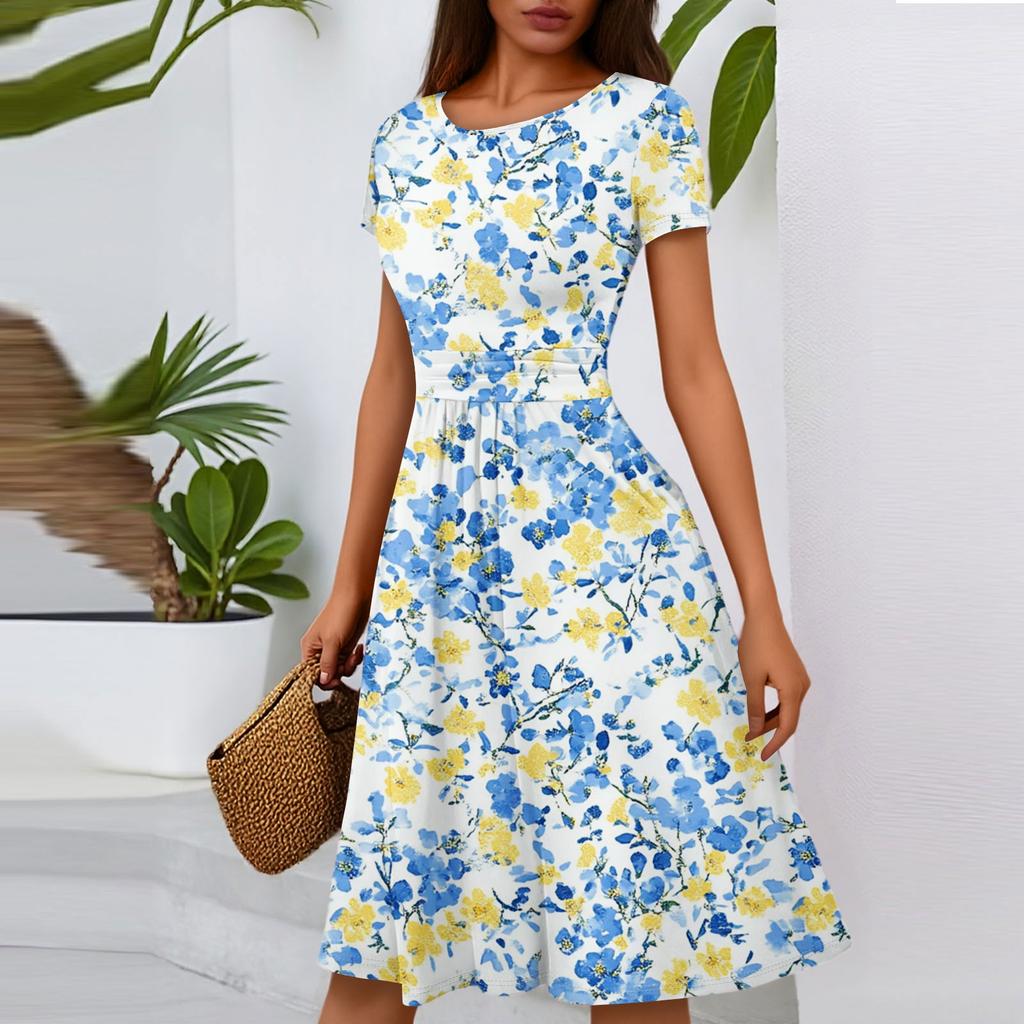 Women's Casual Fashion Round Neck Pleated Short Sleeve Floral Print A-Line Midi Dress
