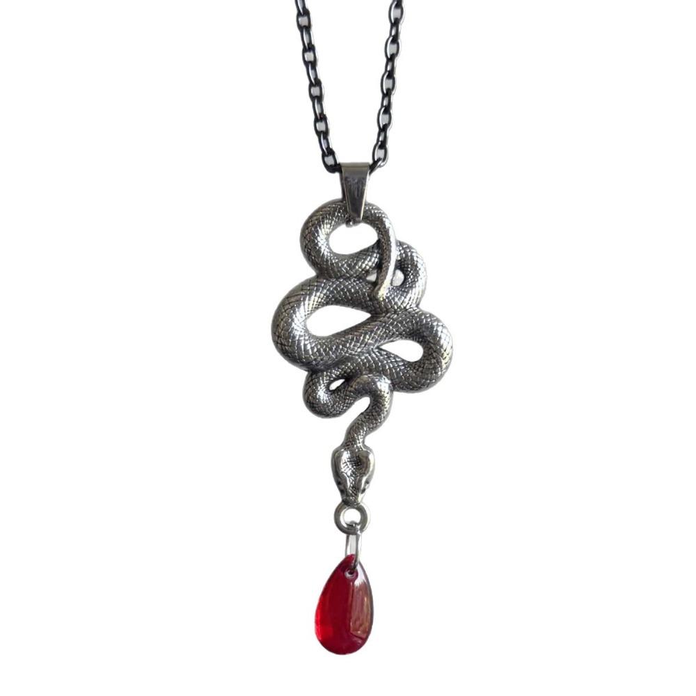 Gothic Retro Sliver Color Snake Red Venom Water Drop Tassel Pendant Necklace for Women Halloween Witch Jewelry Accessories Gifts