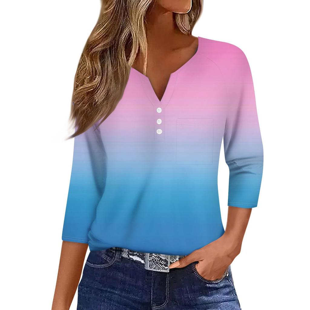 Ladies Casual Fashion V-neck Loose Versatile Gradient Print Three-quarter Sleeves