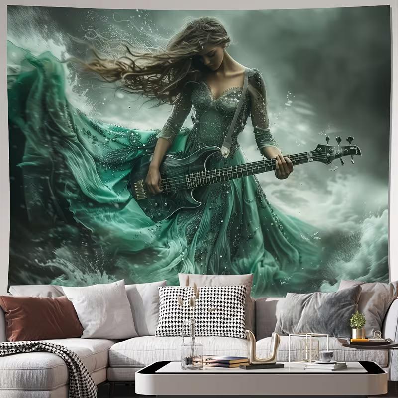 

2D Teal Dress Woman with Guitar Tapestry Mystical Ocean Musician Wall Decor Cloth for Home & Bedroom 47.2x31.5inch/120*80cm