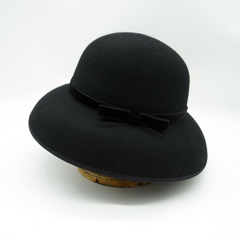 Hepburn Elegant Bow White Black Edge French Bell Hat Women'S Autumn And Winter Woolen Felt Retro Top Hat Tide