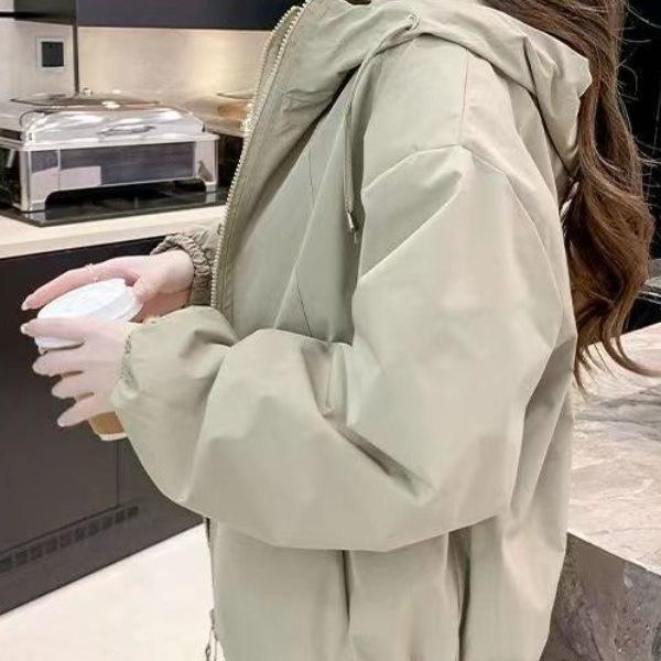 Women's Petite Solid Color Hooded Windbreaker - Loose, Double Zipper, Casual Jacket for Spring and Autumn