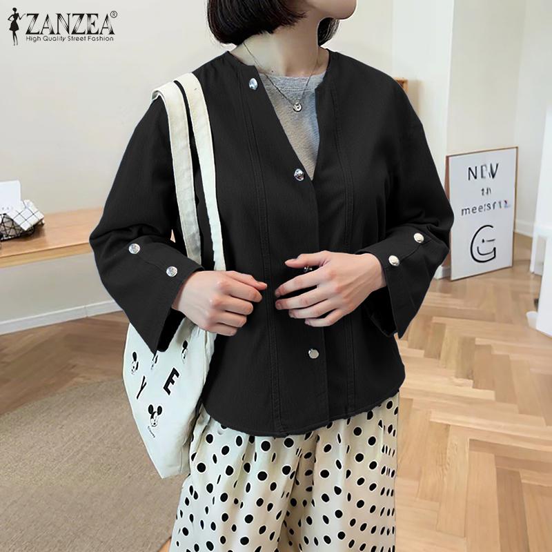 ZANZEA Bluză de damă casual cu gât rotund, mâneci 3/4 largi, uni