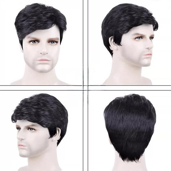 European and American Style Men’s Short Black Synthetic Wig Natural Look Fluffy Rose Net Hairpiece