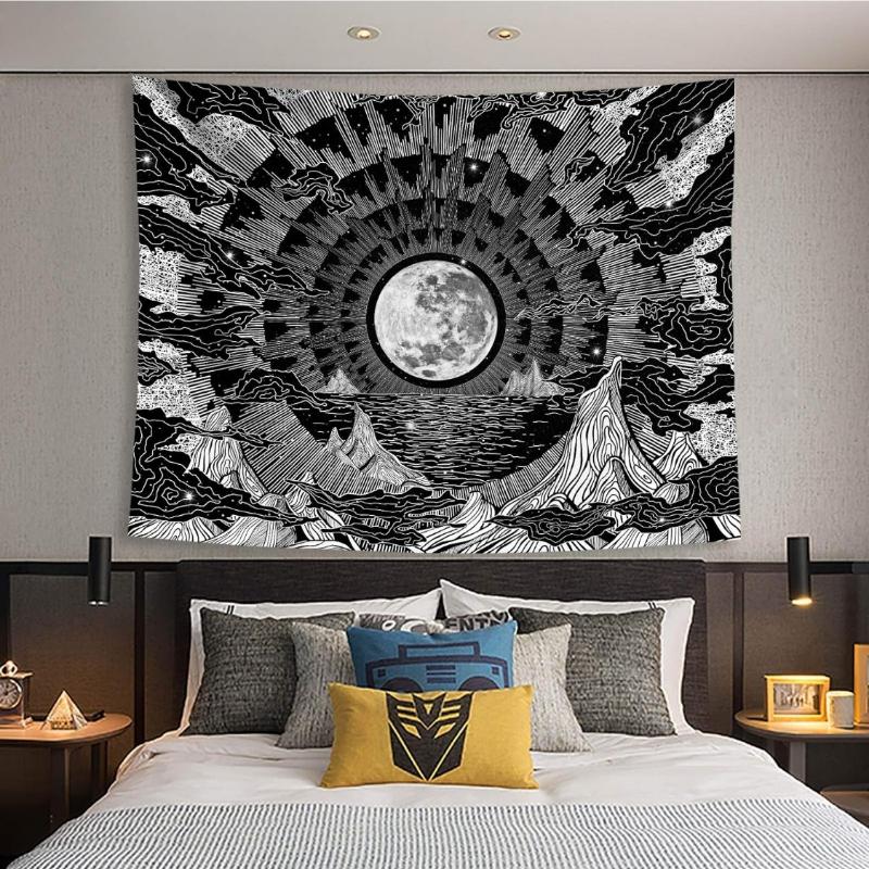 Moon Tapestry Star Tapestries Black And White Tapestry Wall Hanging,Dark Psychedelic Clouds Mountain Aesthetic Wall Tapestry For 70x100CM