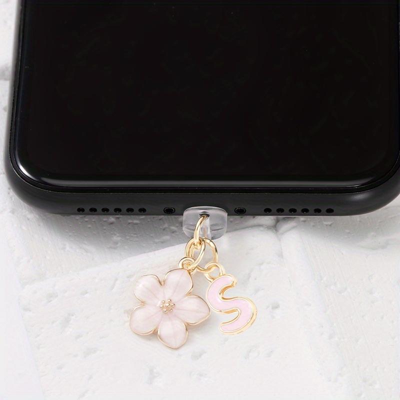 Fashionable Pink Flower Letter Phone Dust Plug, Exquisite A-Z Letter Alloy Pendant, Suitable As a Birthday Gift for Women
