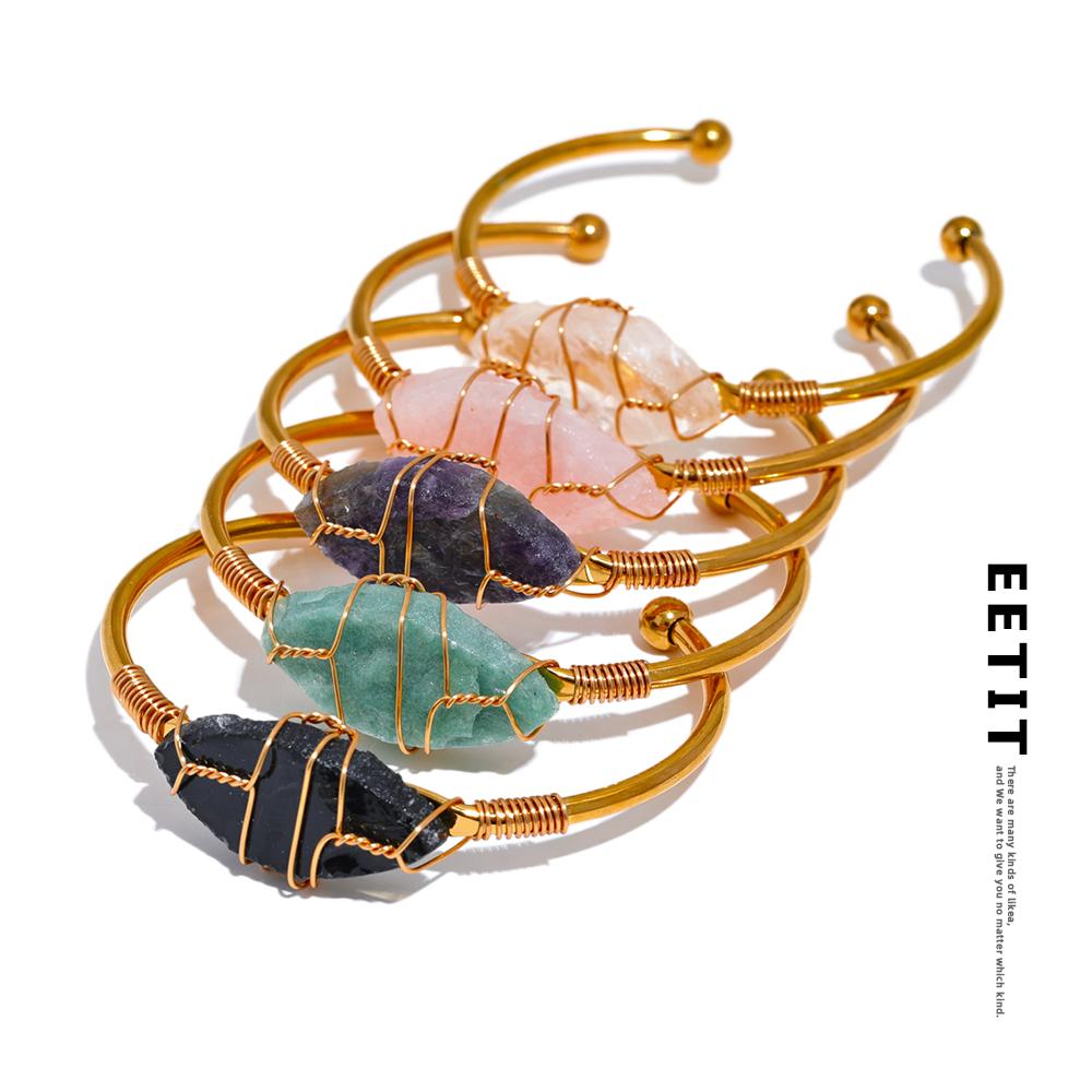 

Eetit ювелирные изделия ручной работы из нержавеющей стали с открытой манжетой, золотой браслет с натуральным камнем, кварц, роскошные водонепроницаемые украшения для женщин