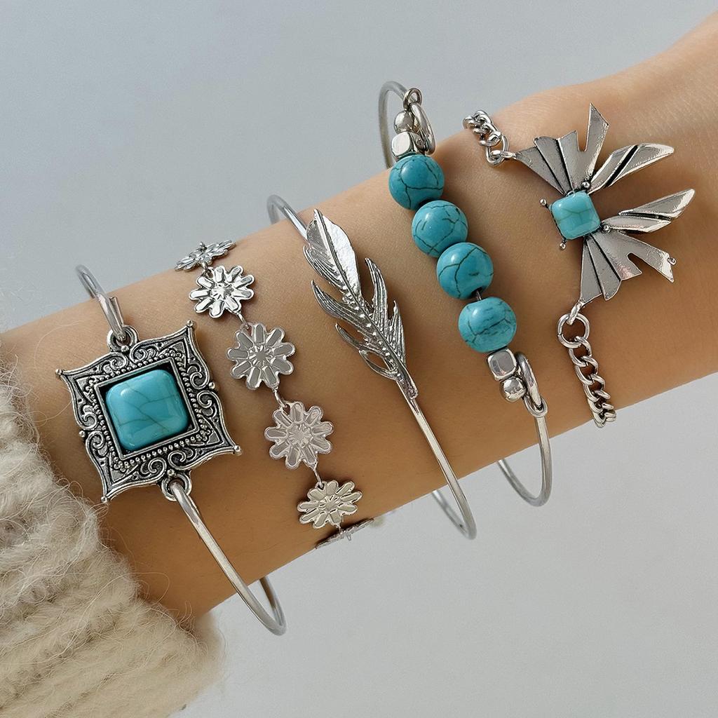 5 Stück/Set Vintage Böhmische Türkis Eingelegte Armbänder Frauen Ethnischer Stil Blume Feder Manschettenarmband Armreifen Boho Schmuck