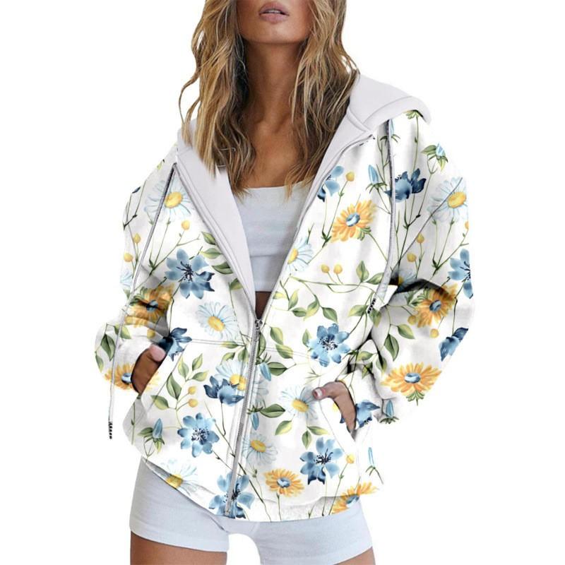Womens Oversized Hooded Zip-Up Sweatshirt With 3D Digital Print Casual Loose Fit Winter