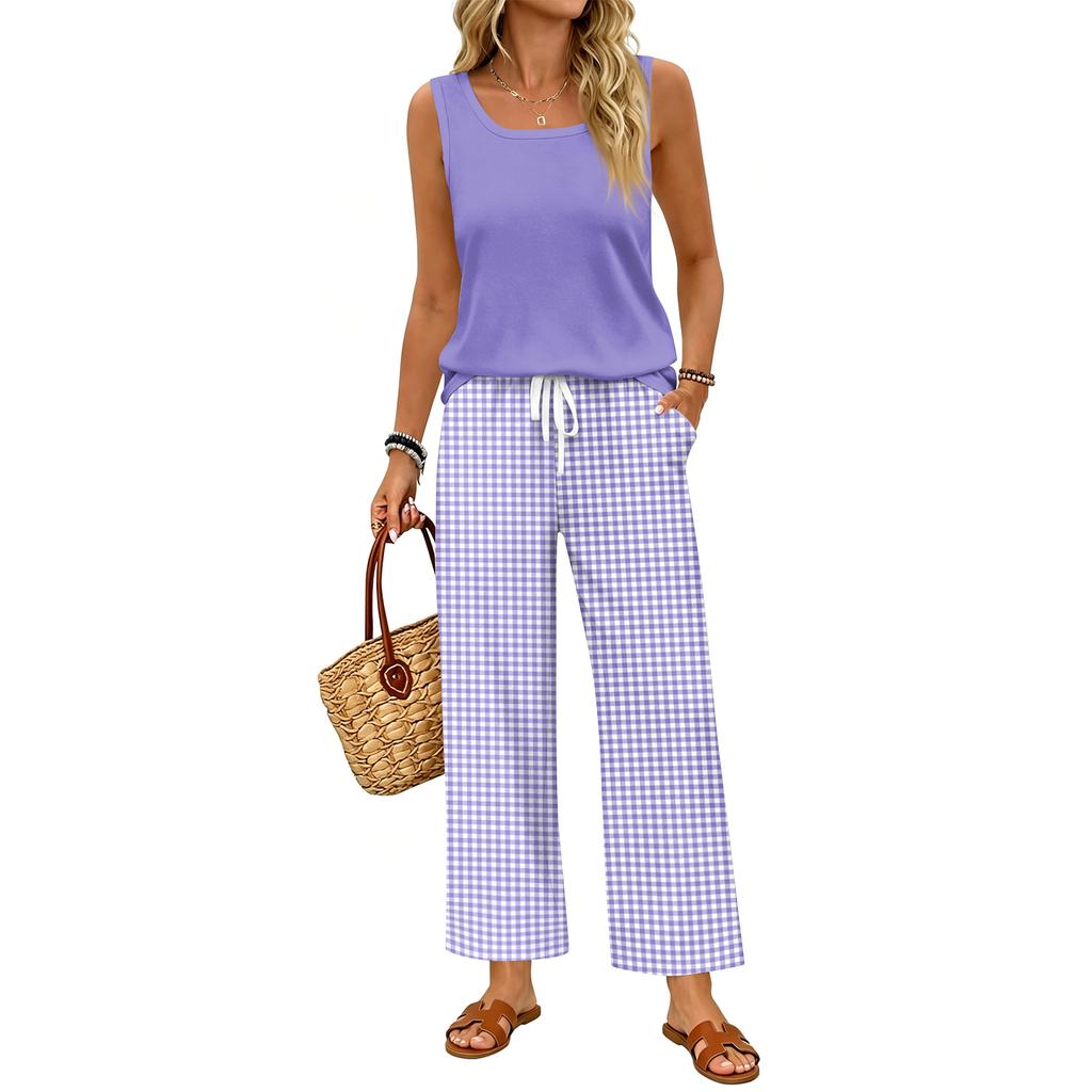 Ärmelloses Tanktop und karierte Weitbein-Hosen-Set für Damen Leichtes zweiteiliges Outfit Geeignet für Reisen, Urlaub und Freizeit zu Hause