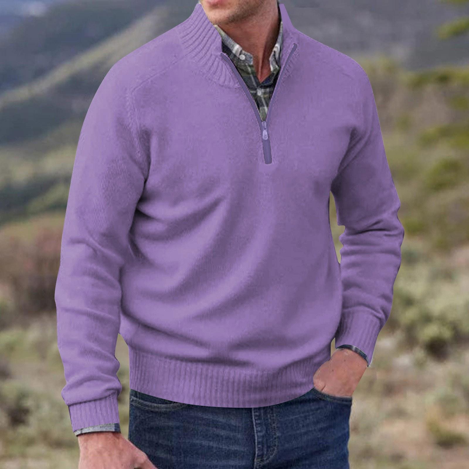 

Мужской модный топ, повседневный приталенный пуловер с длинным рукавом на молнии, маленький высокий воротник M фиолетовый