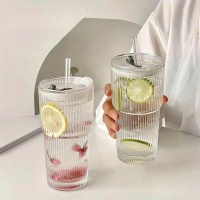 Glass Cup with Straws & Lids,600ML,Durable Reusable Glass Water Bottle,Ideal for Coffee Tea Whiskey Milk Iced Americano Latte