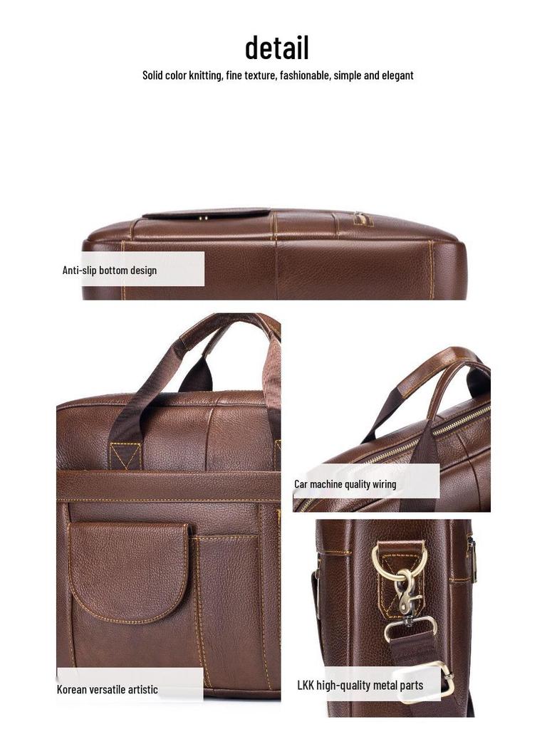 Men's Genuine Leather Business Laptop Briefcase - Large Capacity, Top Layer Cowhide, Crossbody Shoulder Bag