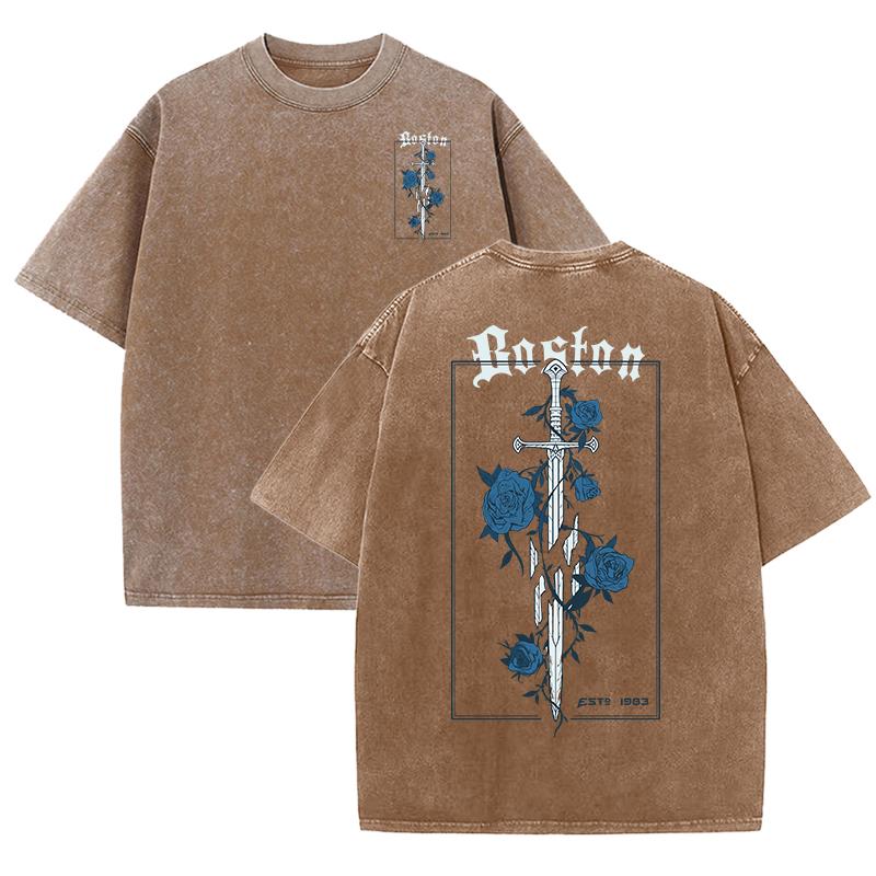 Rose And Sword Printed Washed neutral wear summer multi-color round-neck T-shirts, pure cotton clothing for both Women