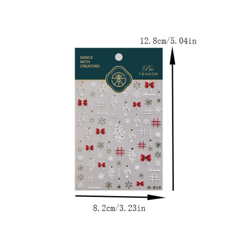 Niedlicher Weihnachts-Stil Weißer Weihnachtsbaum Schneeflocke Nagelkunst Aufkleber Rote Schleife Nagelkunst Druck Geprägter Aufkleber Festliche Nageldekoration