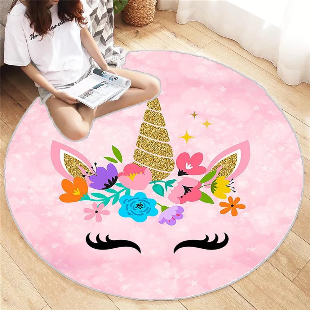 

Rainbow Unicorn Round Carpet Big Living Room Bedroom Home Decor Rug Floor Mat Non-slip for Sofa Gift Decoration Doormat Festival 80x80cm