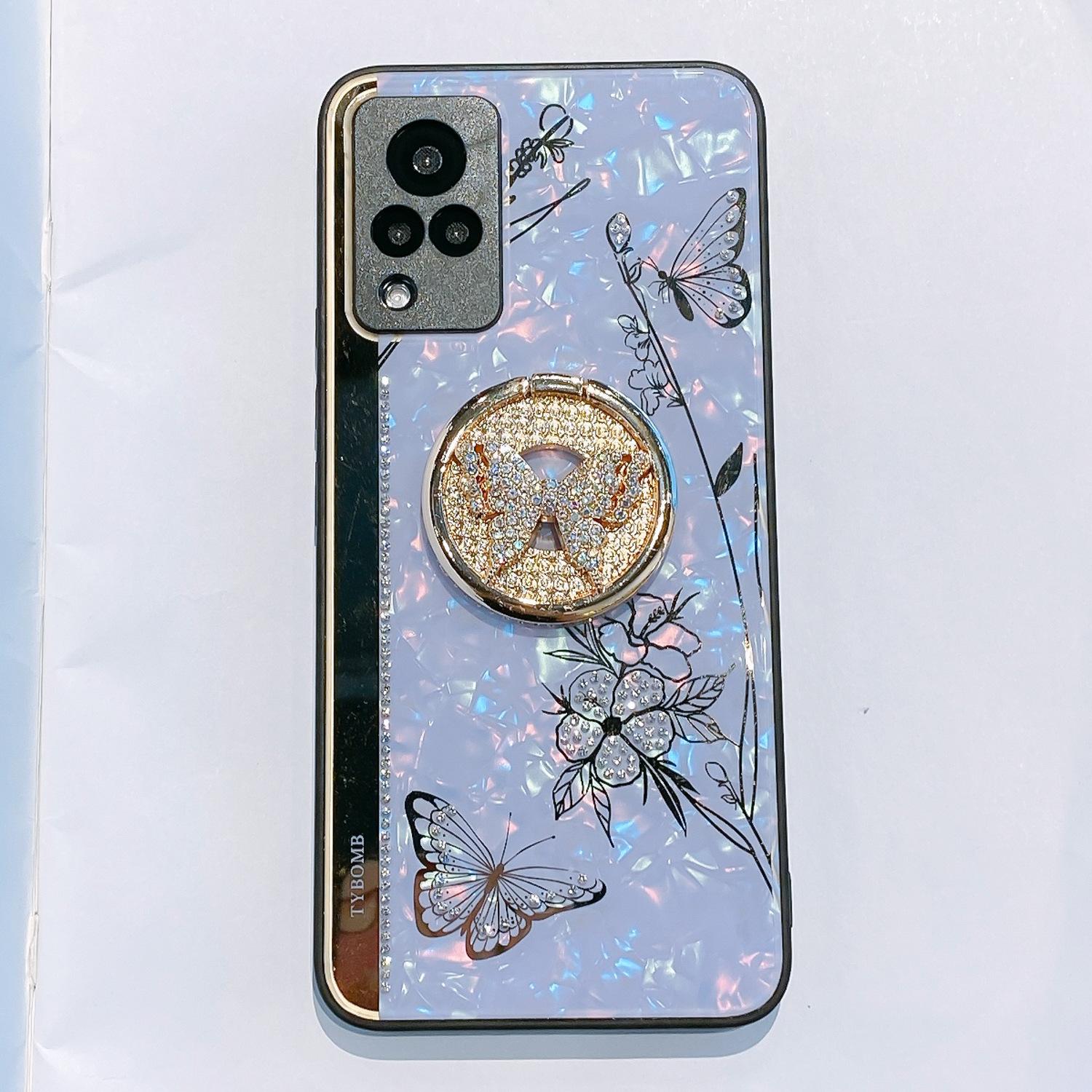 

Подходит для VIVO X90pro Чехол для телефона с подставкой-кольцом в виде бабочки и цветка S15 Зеркальный Водяной Бриллиант Женский Противоударный Защитный Чехол OPPO RENO5 фиолетовый