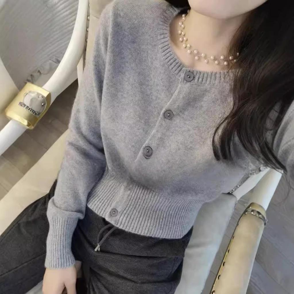 Premium Korean Style 100% Pure Wool Knitted Cardigan - Women's Spring/Autumn Short Base Coat