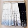 Qooth Women A Line Embroidery Flower Ruffle Skirt Wide Hem Mid Length Elastic Waist Casual Skirt QT2668