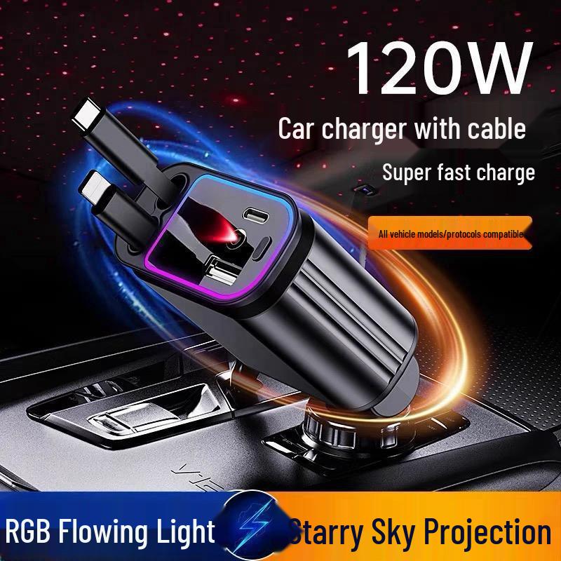 Retractable 4-in-1 Car Charger with RGB Ambient Light and Starry Sky Ceiling.
