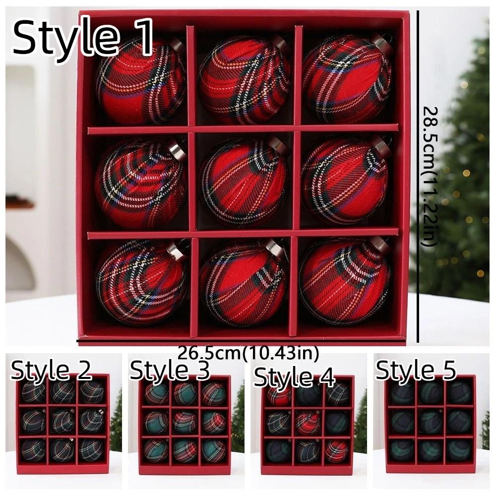 9Pcs Vintage Plaid Fabric Christmas Ball Set Grid Pattern Christmas Gift Spheres Home Decor