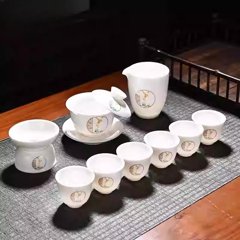 Goat Jade Tea Set Kung Fu Set Chinese Light Luxury Tea Calendars Teacups Office White Porcelain Teapot Covered Bowl Set