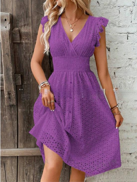 Elegant Plus Size V-Neck Hollow-Out Dress with Lotus Leaf Sleeves